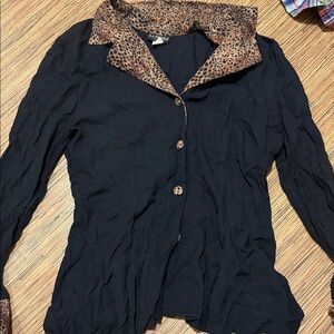 Leopard Trim Black Button-Up Blouse